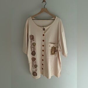 90s Blue Fish Grunge Lagenlook Art to Wear‎ Button Down Top Shirt Oversized